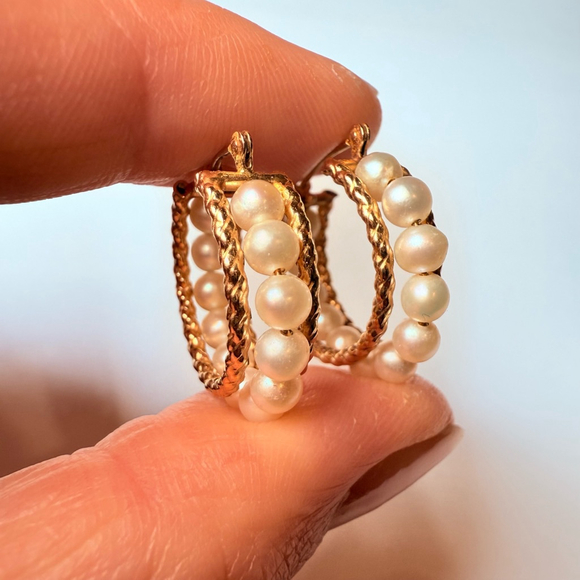 14k Solid Yellow Gold Salt Water Pearl Channel Set Huggie Hoop